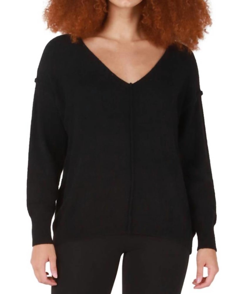 Front of a model wearing a size L V-Neck Sweater in Black in Black by Dex. | dia_product_style_image_id:327111
